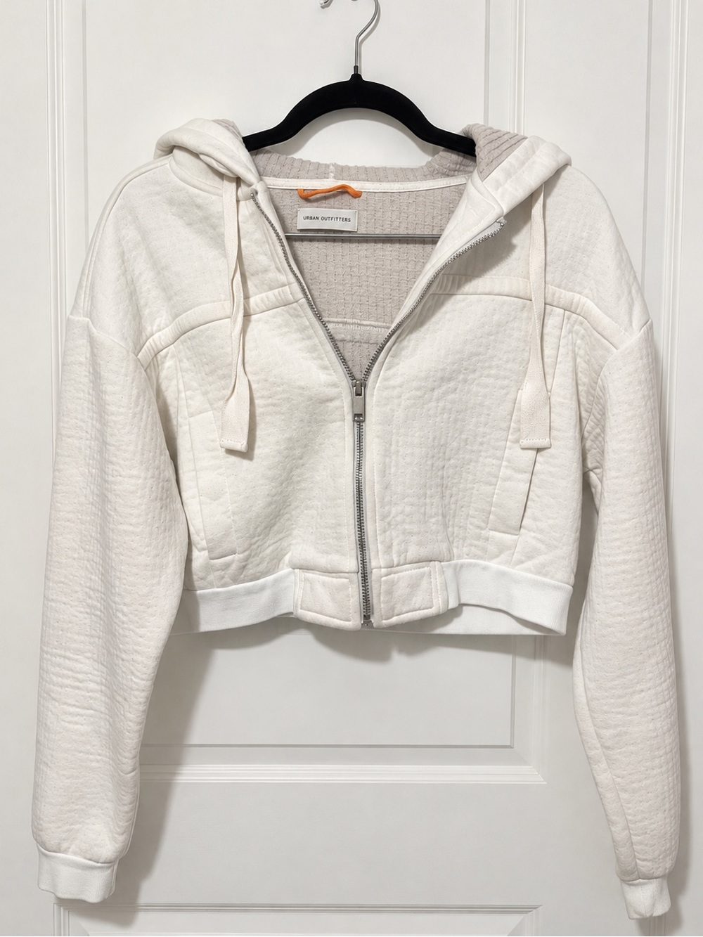 Urban Outfitters Cream Cropped Zip Up Waffle Hoodie